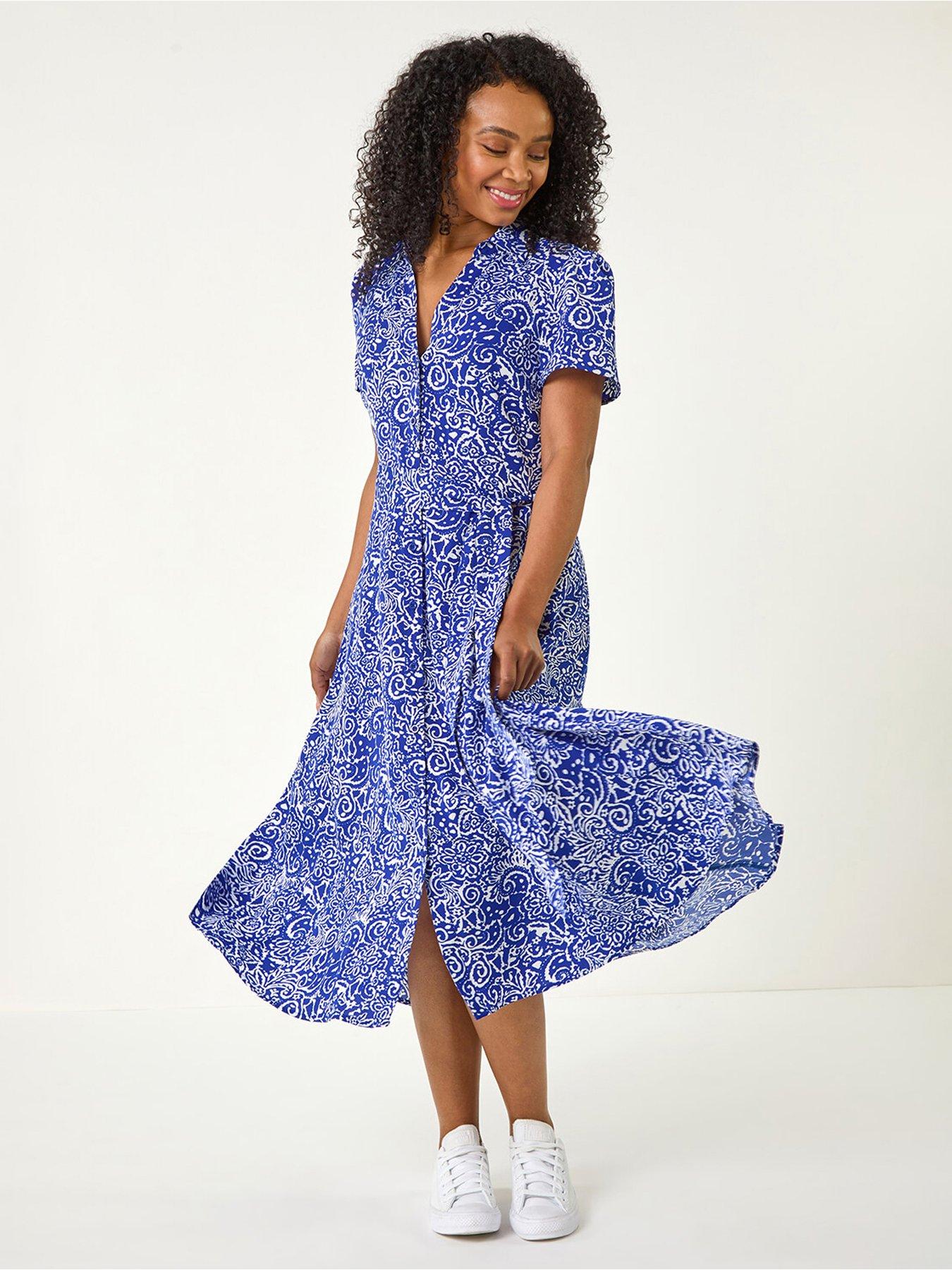 undefined Petite Abstract Print Button Shirt Dress - Royal Blue