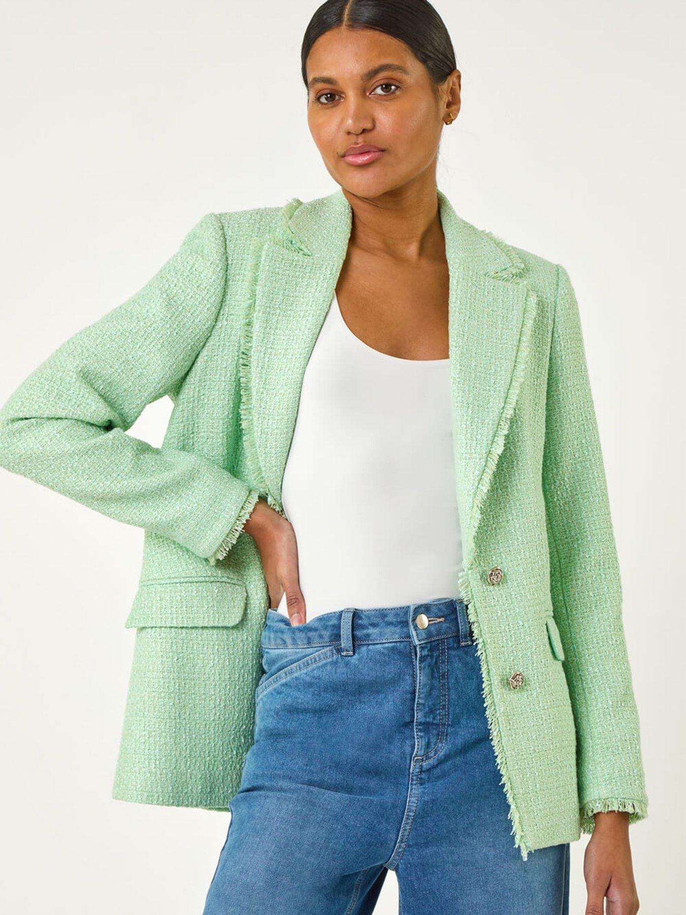 Image of Roman Textured Frayed Edge Boucle Button Jacket - Mint