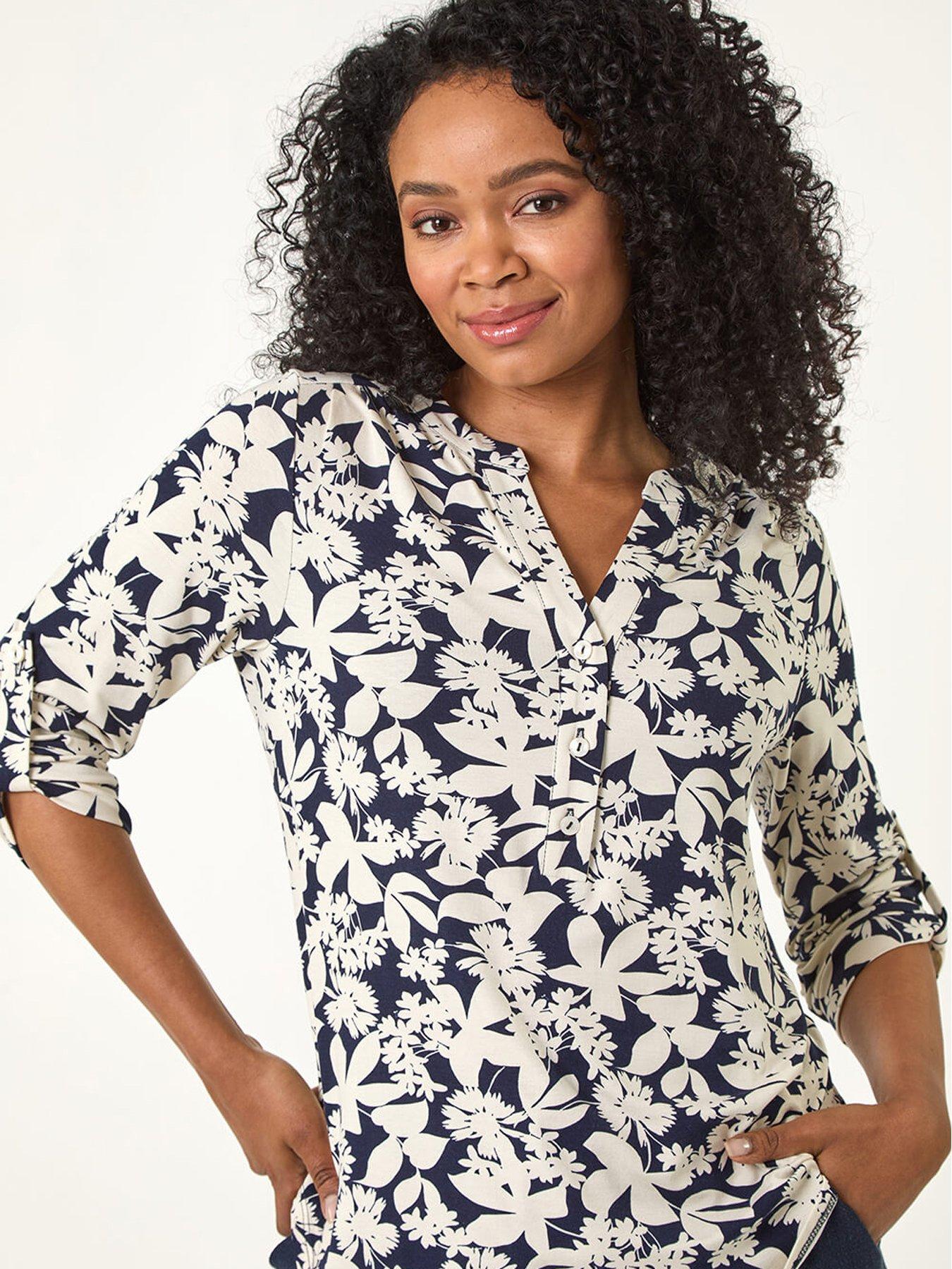 Image 4 of 5 of Roman Petite Floral Print Button Through Shirt  - Navy
