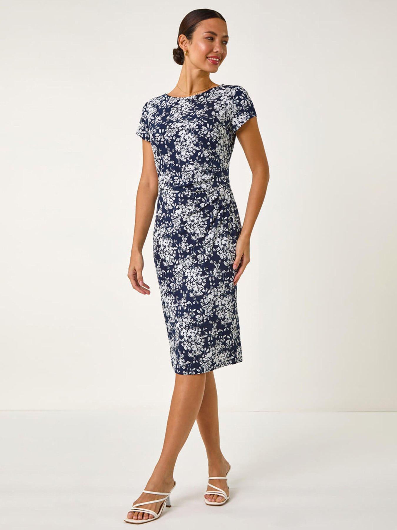undefined Floral Print Pleat Detail Shift Dress - Navy