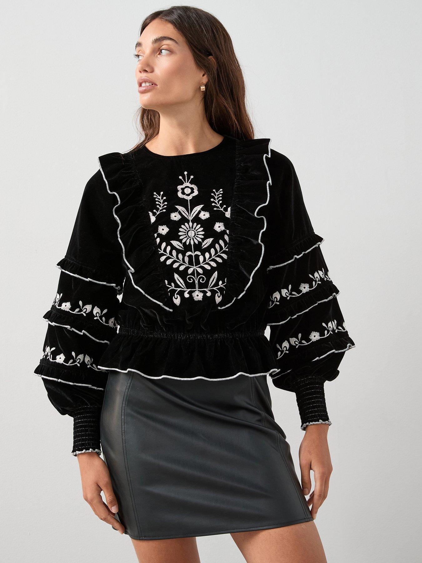The Very Collection Velvet Embroidered Blouse - Black