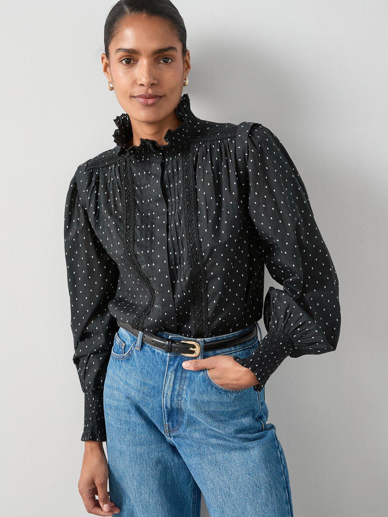 The Very Collection Polka Dot Frill High Neck Detail Blouse - Black