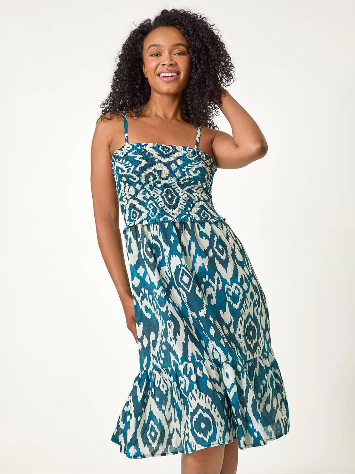 Image 3 of 5 of Roman Petite Aztec Strappy Shirred Dress - Blue