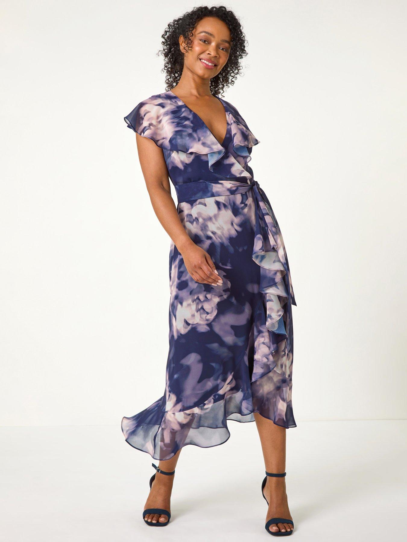 Roman Petite Floral Print Frill Midi Dress, Navy, Size 18, Women