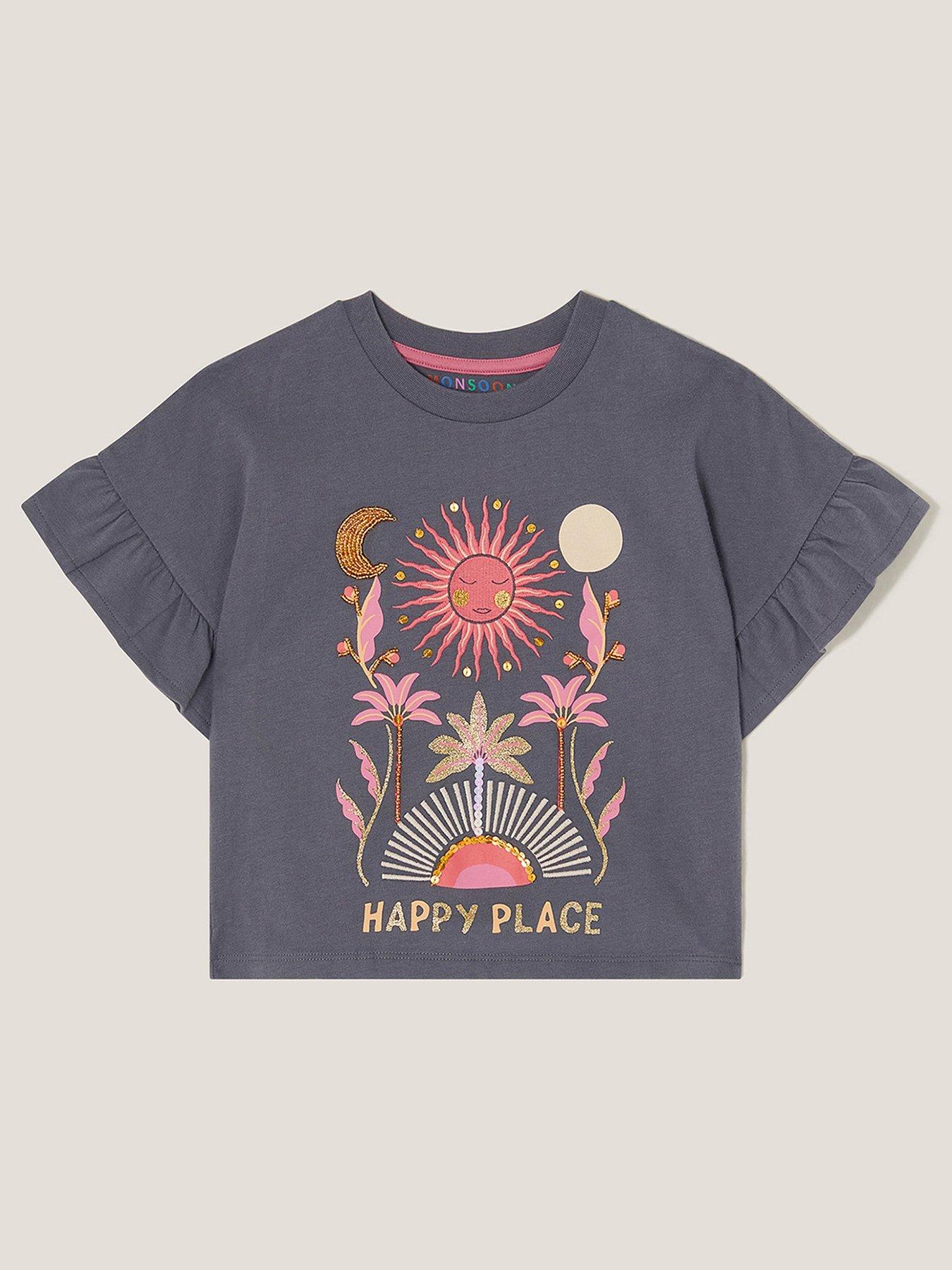 undefined Girls Happy Place Frill T-shirt - Grey