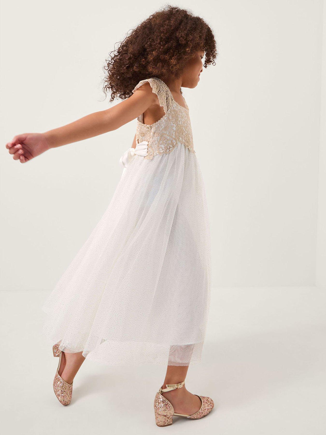 Monsoon Girls Estella Embroidered Tulle Dress - Gold