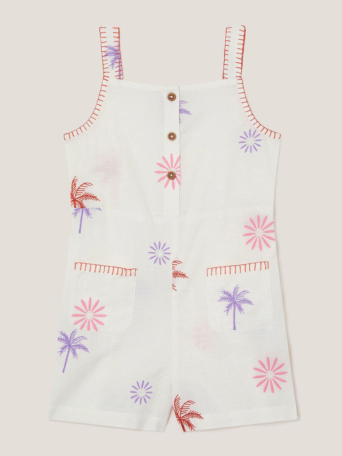undefined Girls Palm Embroidered Playsuit - Light Cream