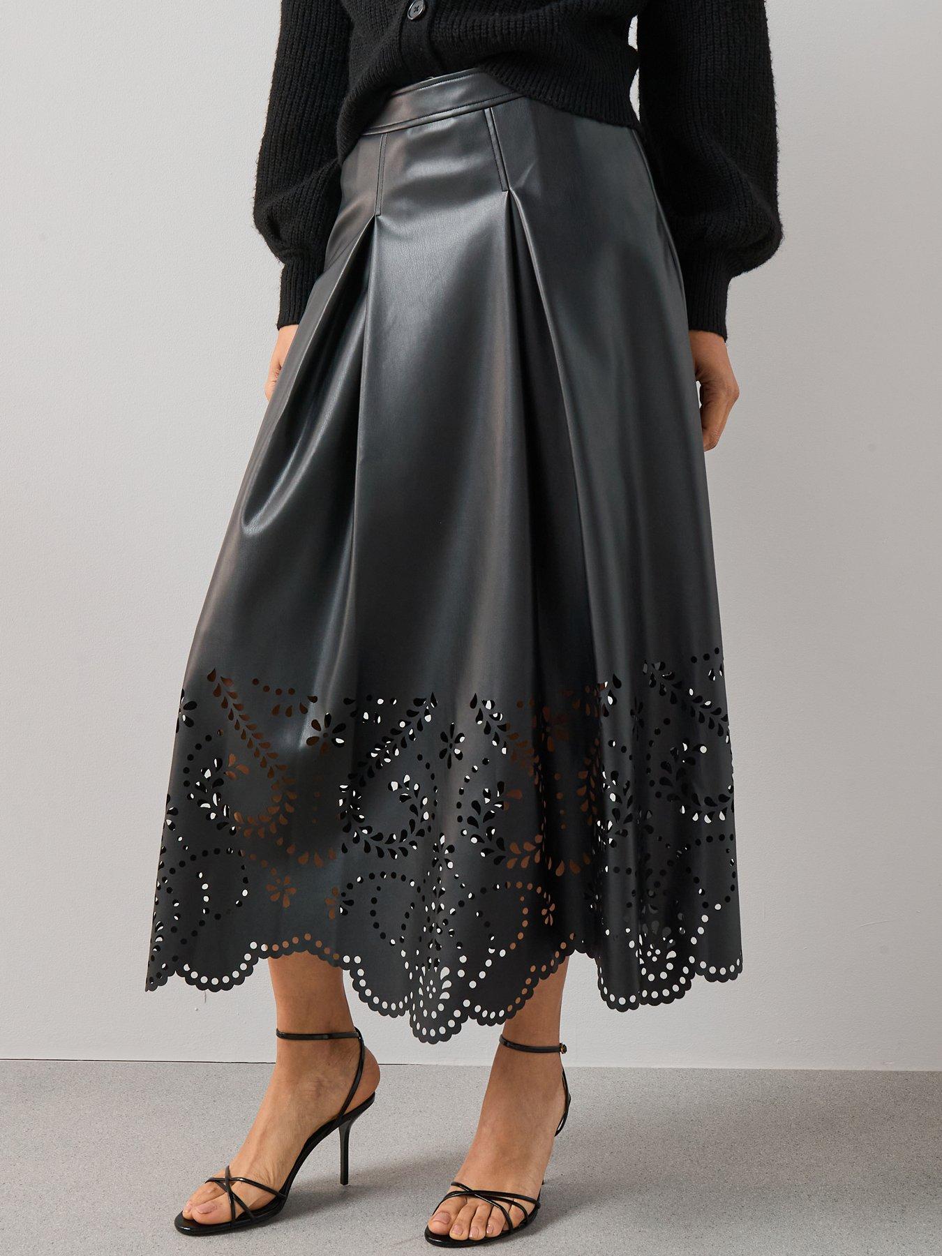 undefined PU Cutwork Midi Skirt - Black
