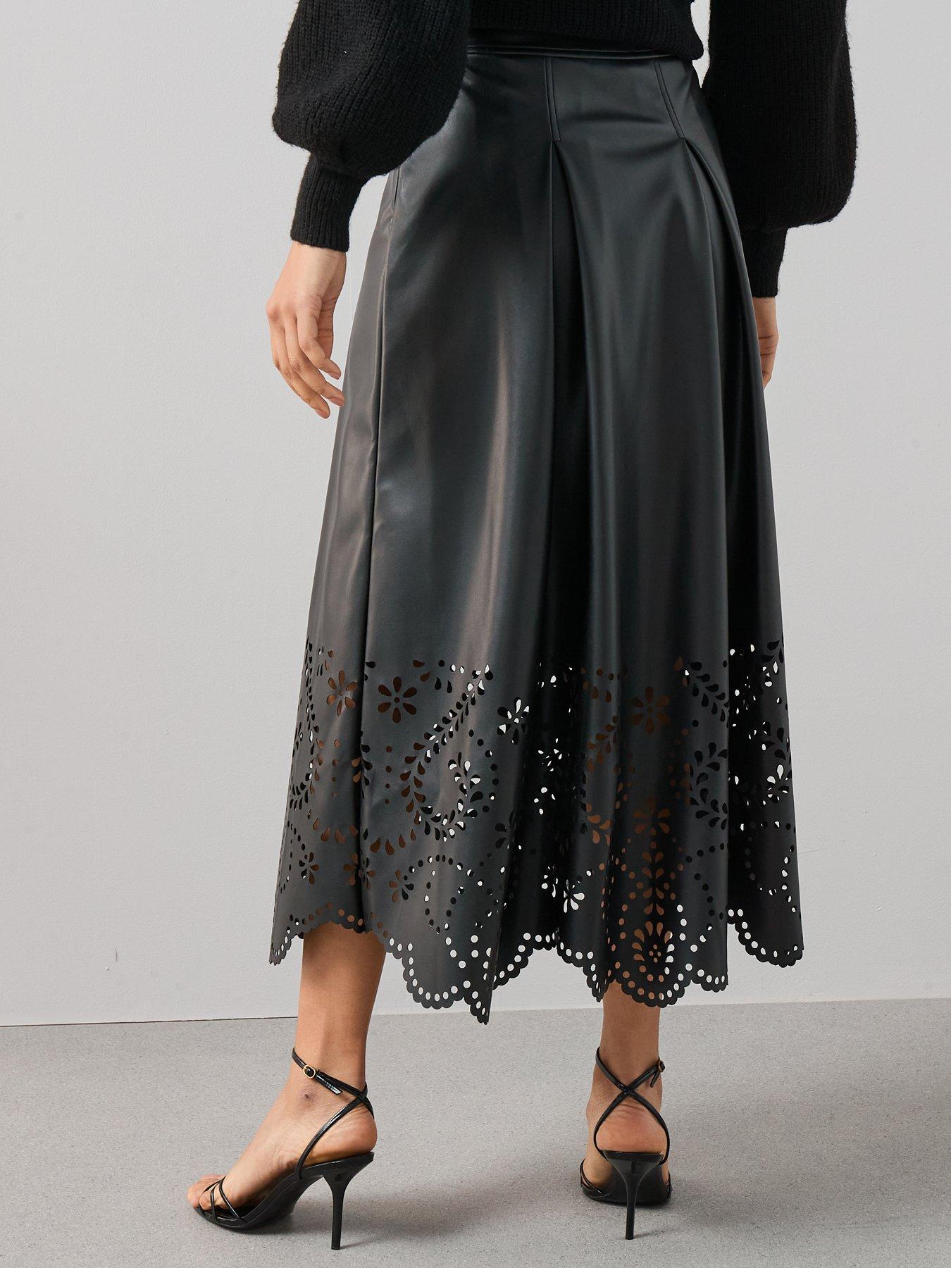 Image 2 of 7 of The Very Collection PU Cutwork Midi Skirt - Black