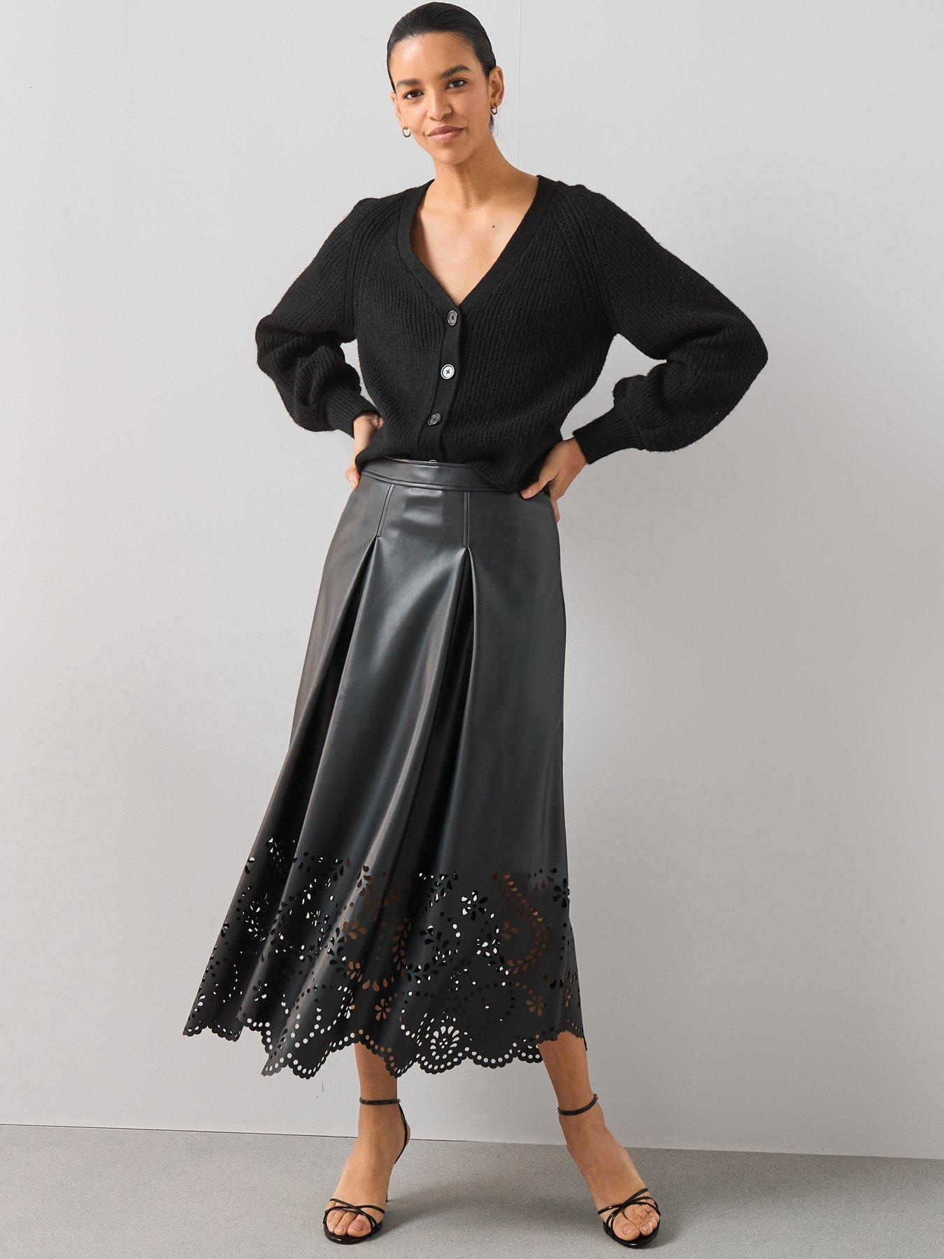 Image 6 of 7 of The Very Collection PU Cutwork Midi Skirt - Black