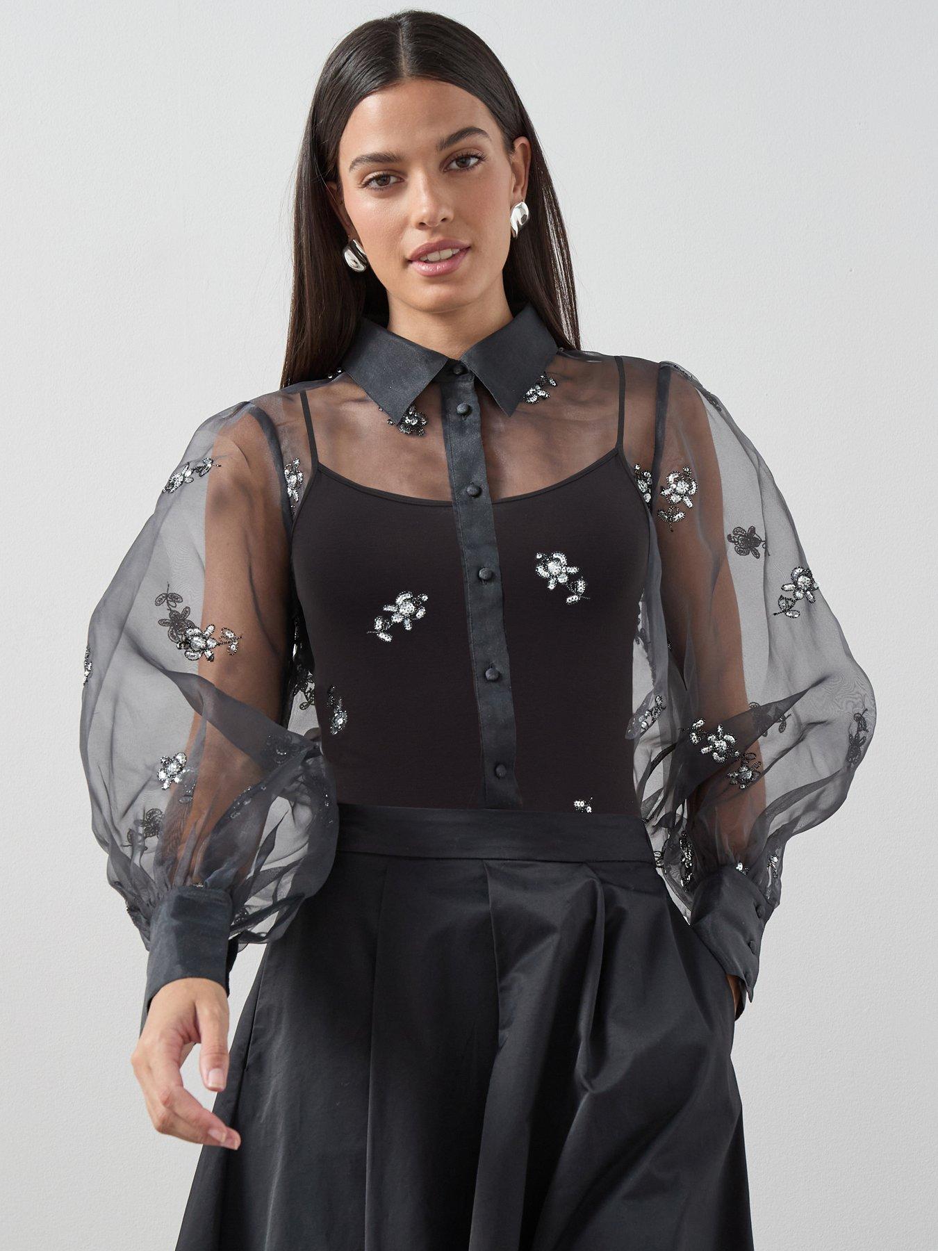 Image 1 of 7 of The Very Collection Embellished Organza Button Up Shirt - Grey