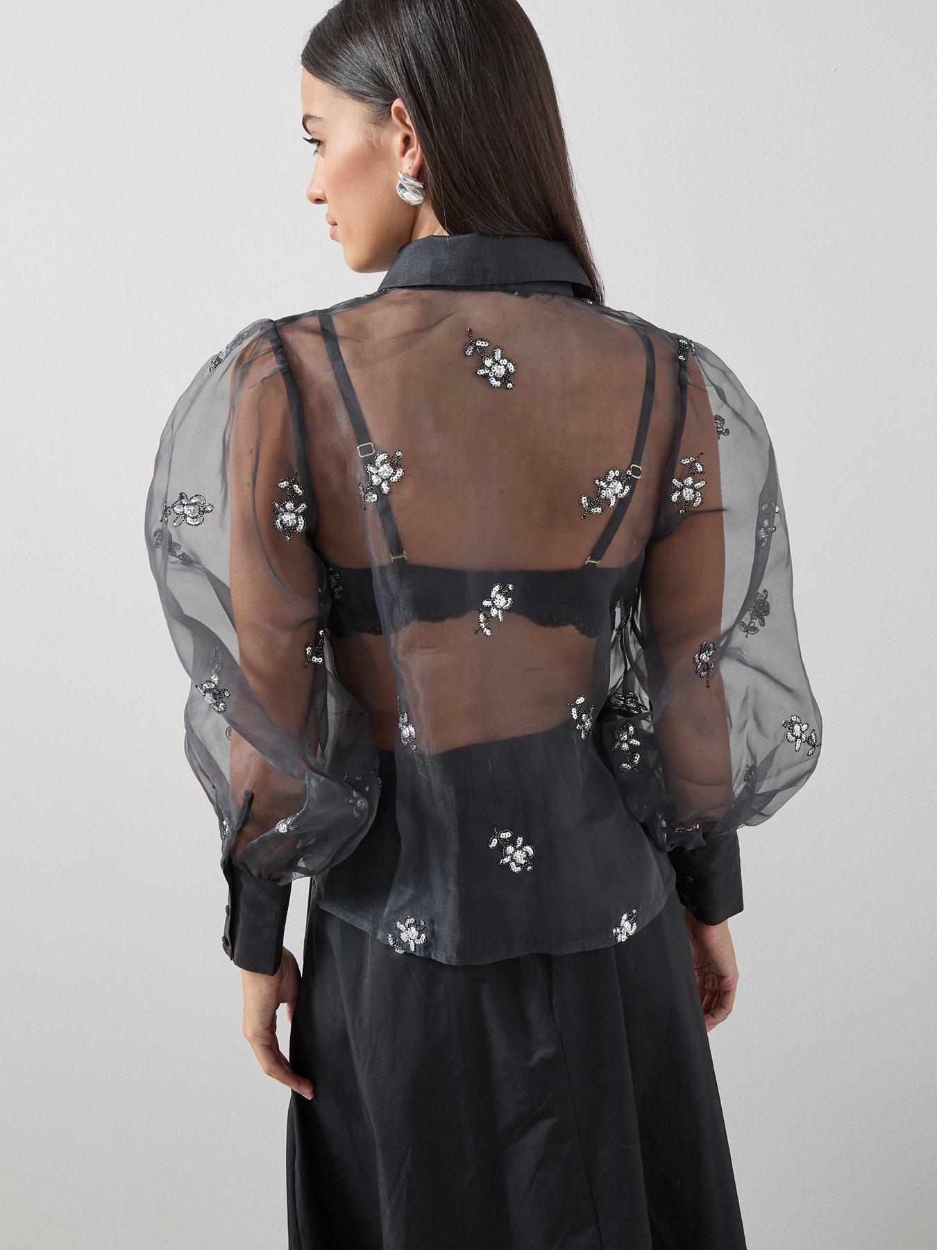 Image 2 of 7 of The Very Collection Embellished Organza Button Up Shirt - Grey
