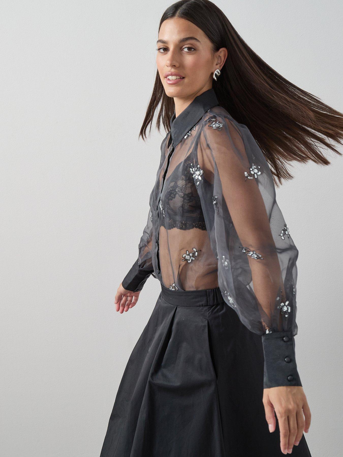 Image 5 of 7 of The Very Collection Embellished Organza Button Up Shirt - Grey