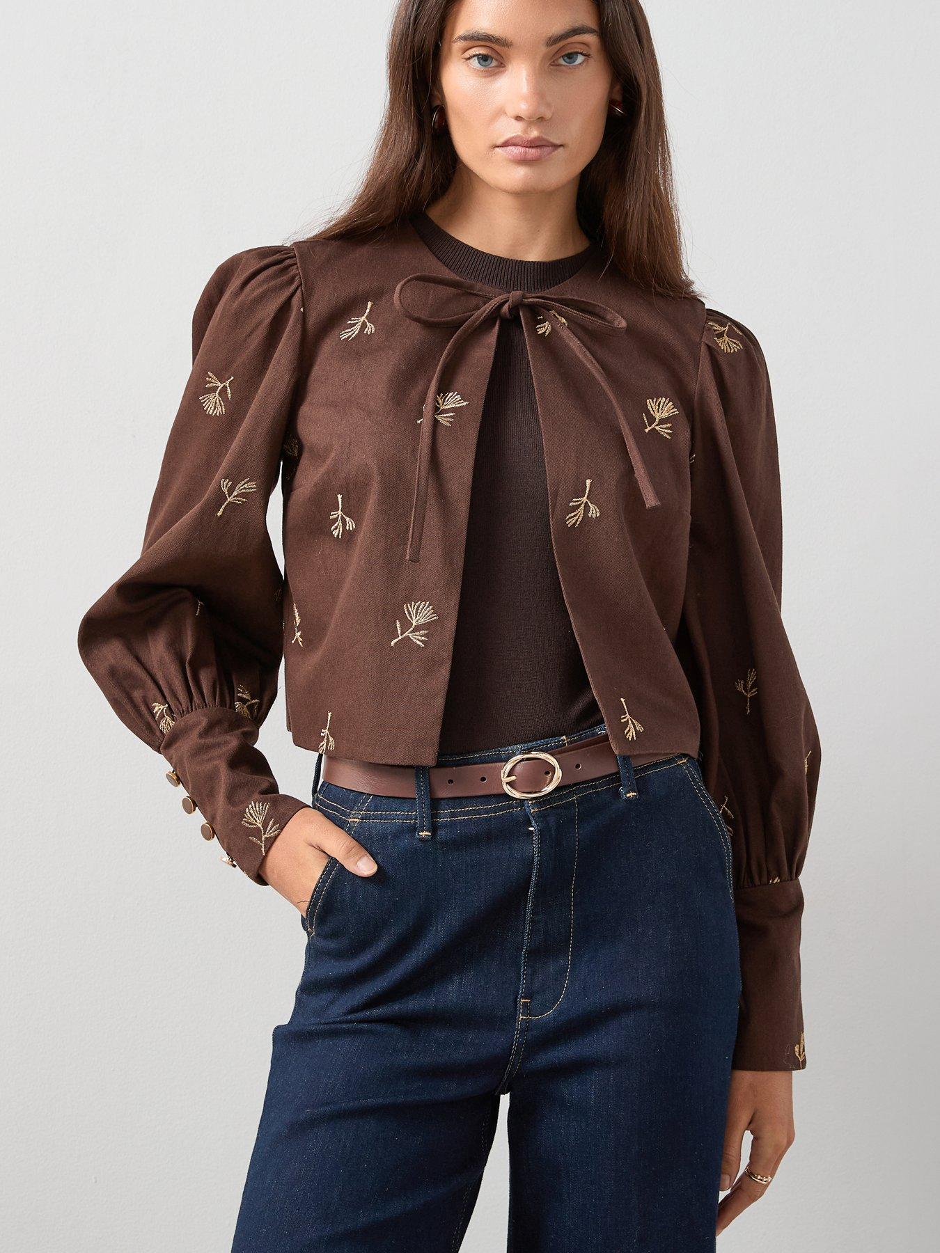 Image 1 of 6 of The Very Collection Embroidered Puff Sleeve Jacket - Brown