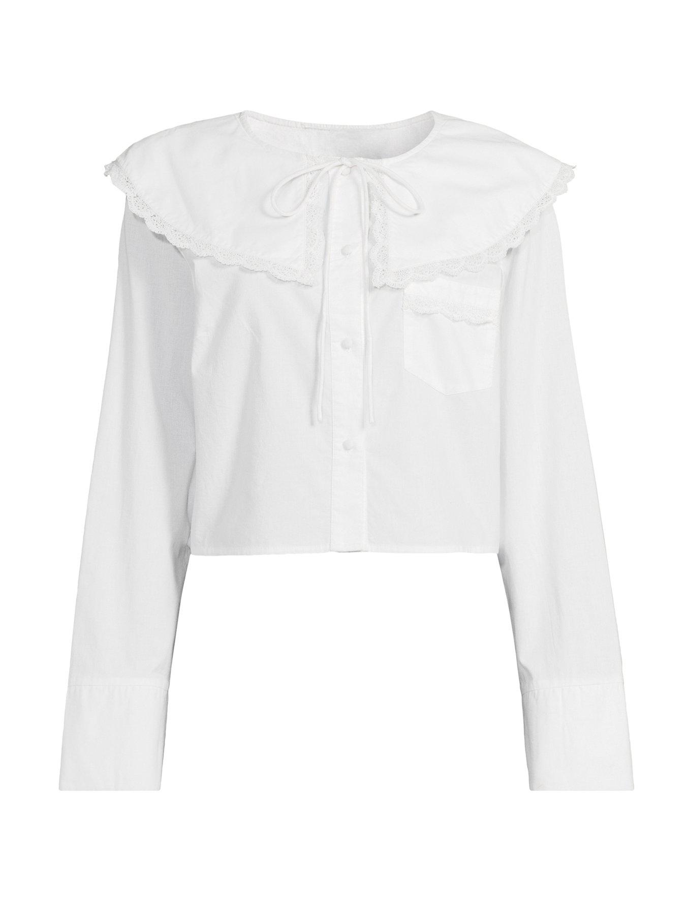Image 7 of 7 of The Very Collection Collar Detail Broderie Trim Shirt - White