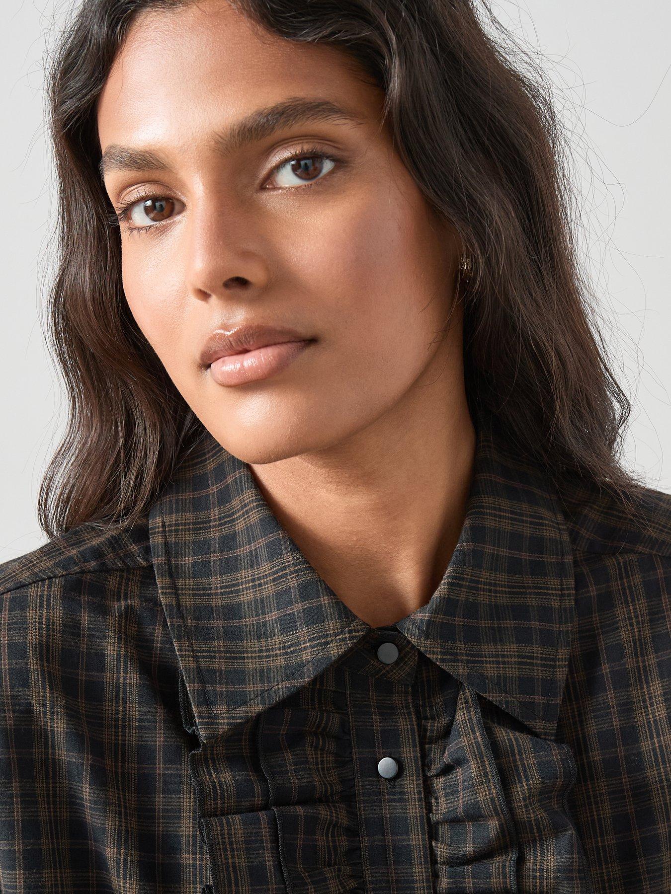Image 4 of 7 of The Very Collection Collared Ruffle Detail Checked Shirt - Brown