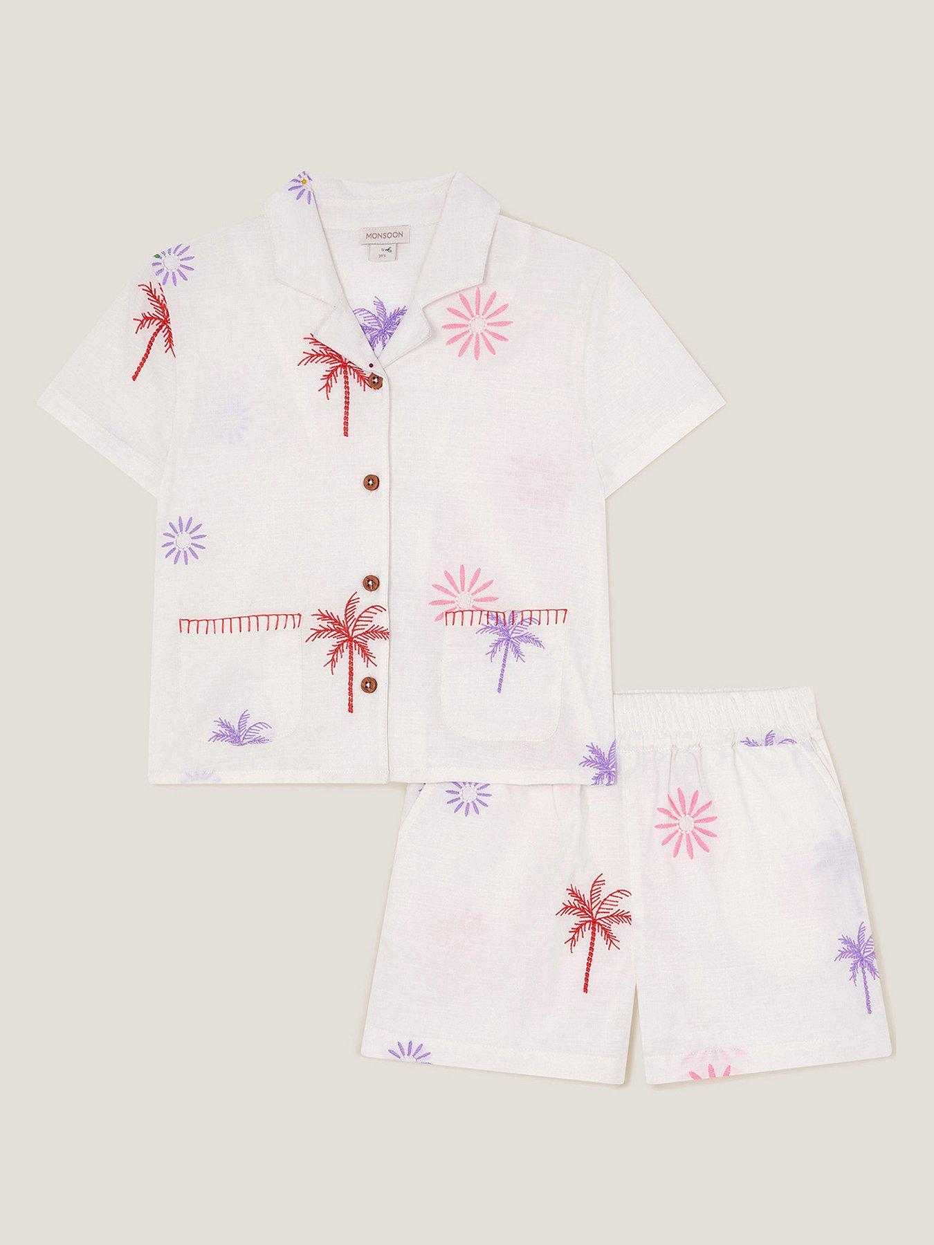 undefined Girls Palm Embroidered Shirt And Short Set - Light Cream