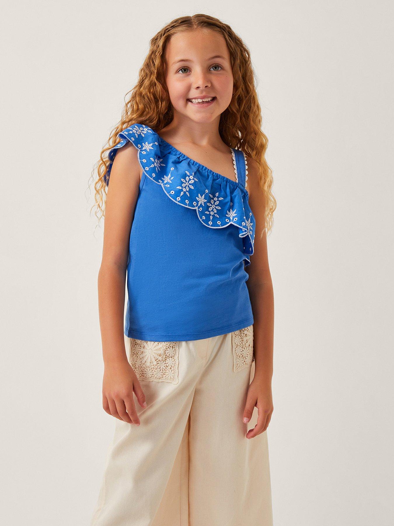 undefined Girls One Shoulder Frill Top - Blue
