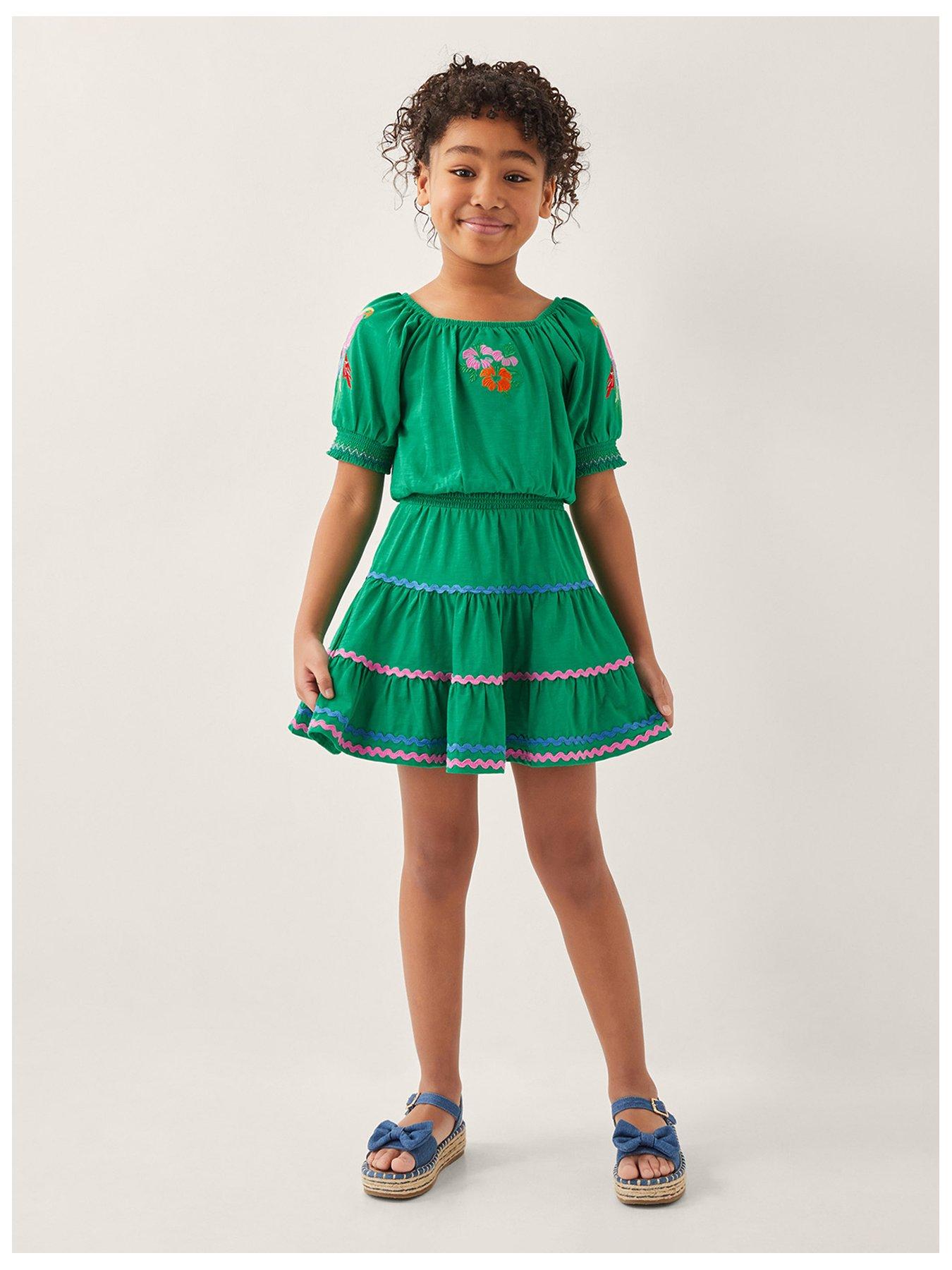 undefined Girls Embroidered Parrot Puff Sleeve Top - Green