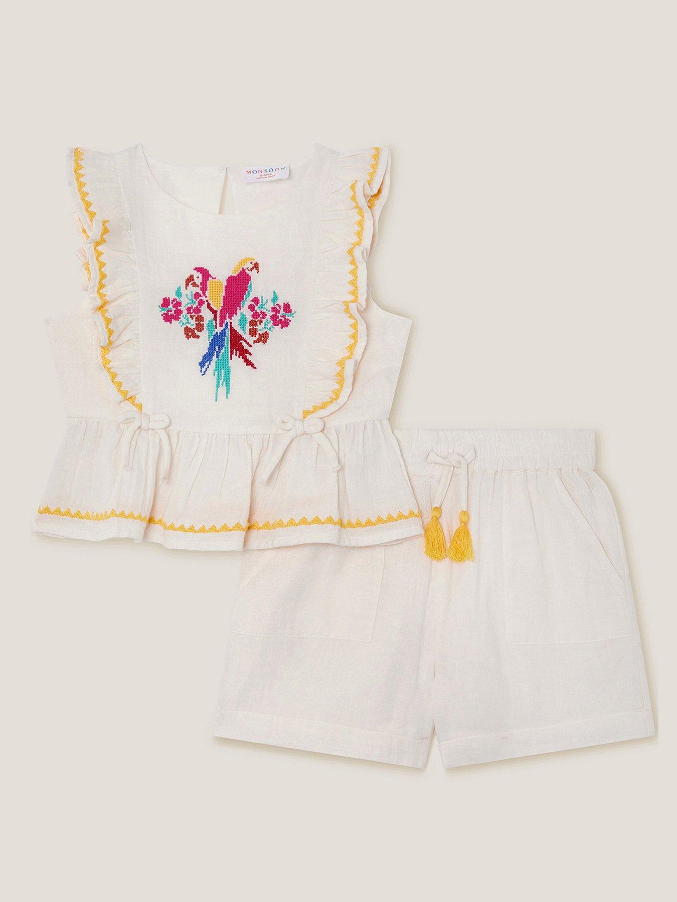 undefined Girls Parrot Top And Short Set - Light Cream