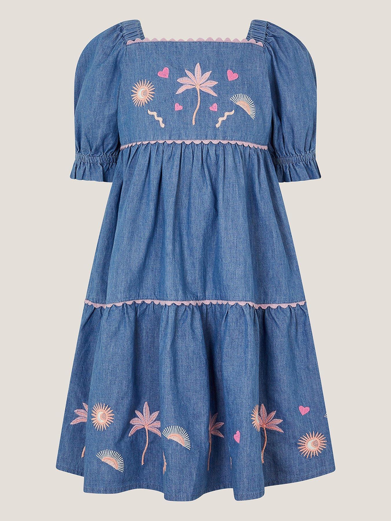 undefined Girls Denim Puff Sleeve Dress - Blue