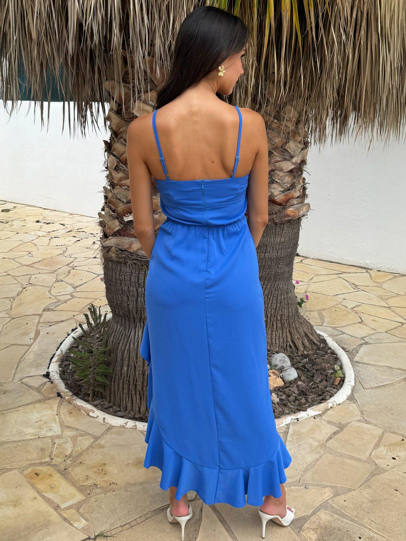 Image 2 of 4 of AX Paris Blue Print Racer Neck High Low Frill Hem Midi Dress