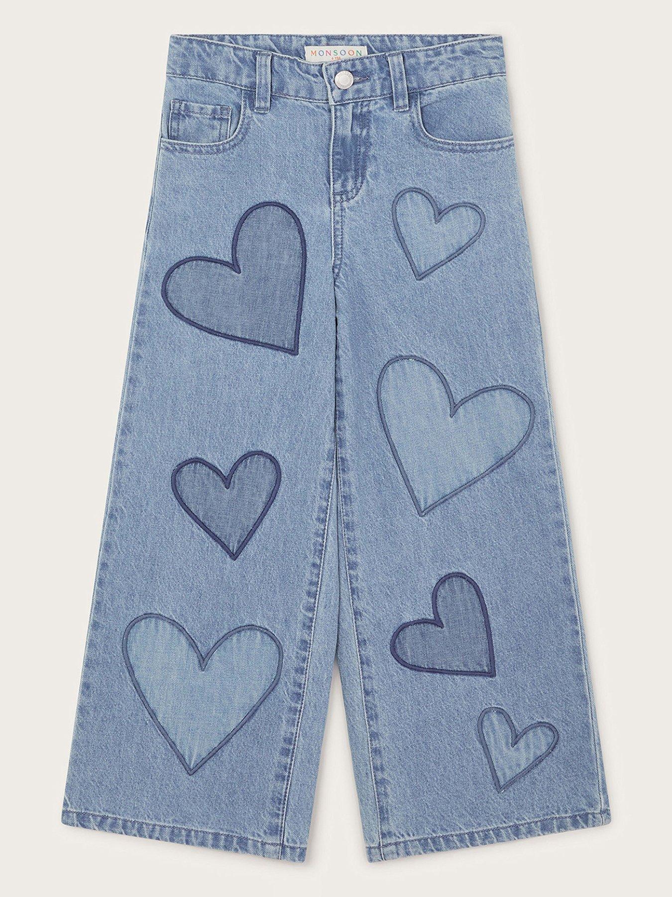 undefined Girls Heart Embroidered Wide Leg Jeans - Blue