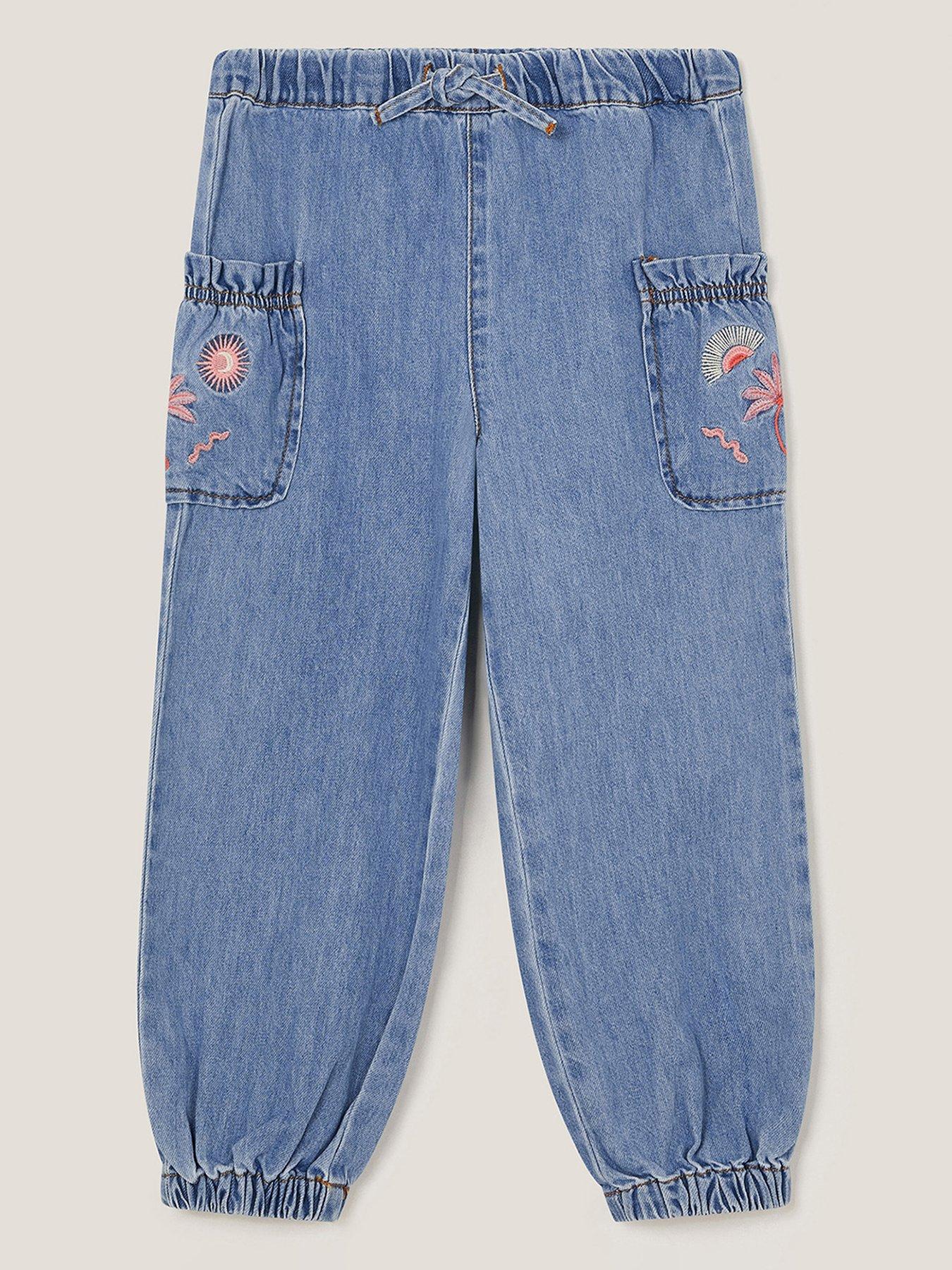 undefined Girls Denim Cargo Trousers With Embroidered Pocket - Blue