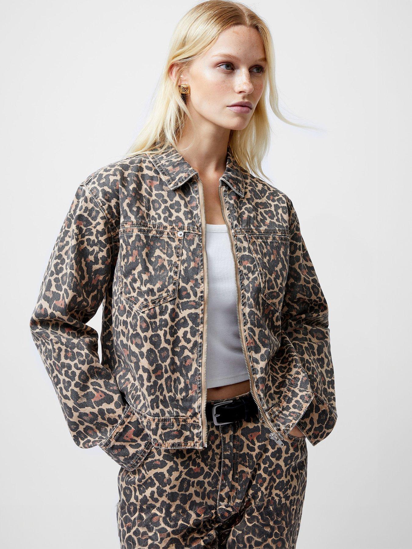 Image of French Connection Cotton Leopard Print Zip-up Denim Jacket