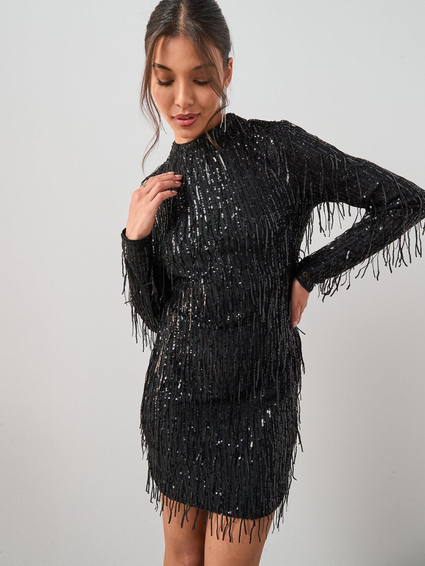 The Very Collection Fringed Sequin Long Sleeve Mini Dress - Black