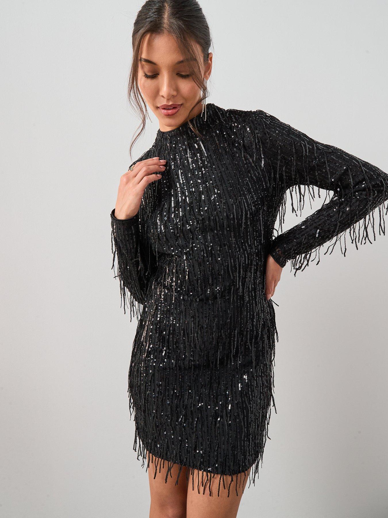 Image 2 of 7 of The Very Collection X Carol Byrne Fringed Sequin Long Sleeve Mini Dress - Black