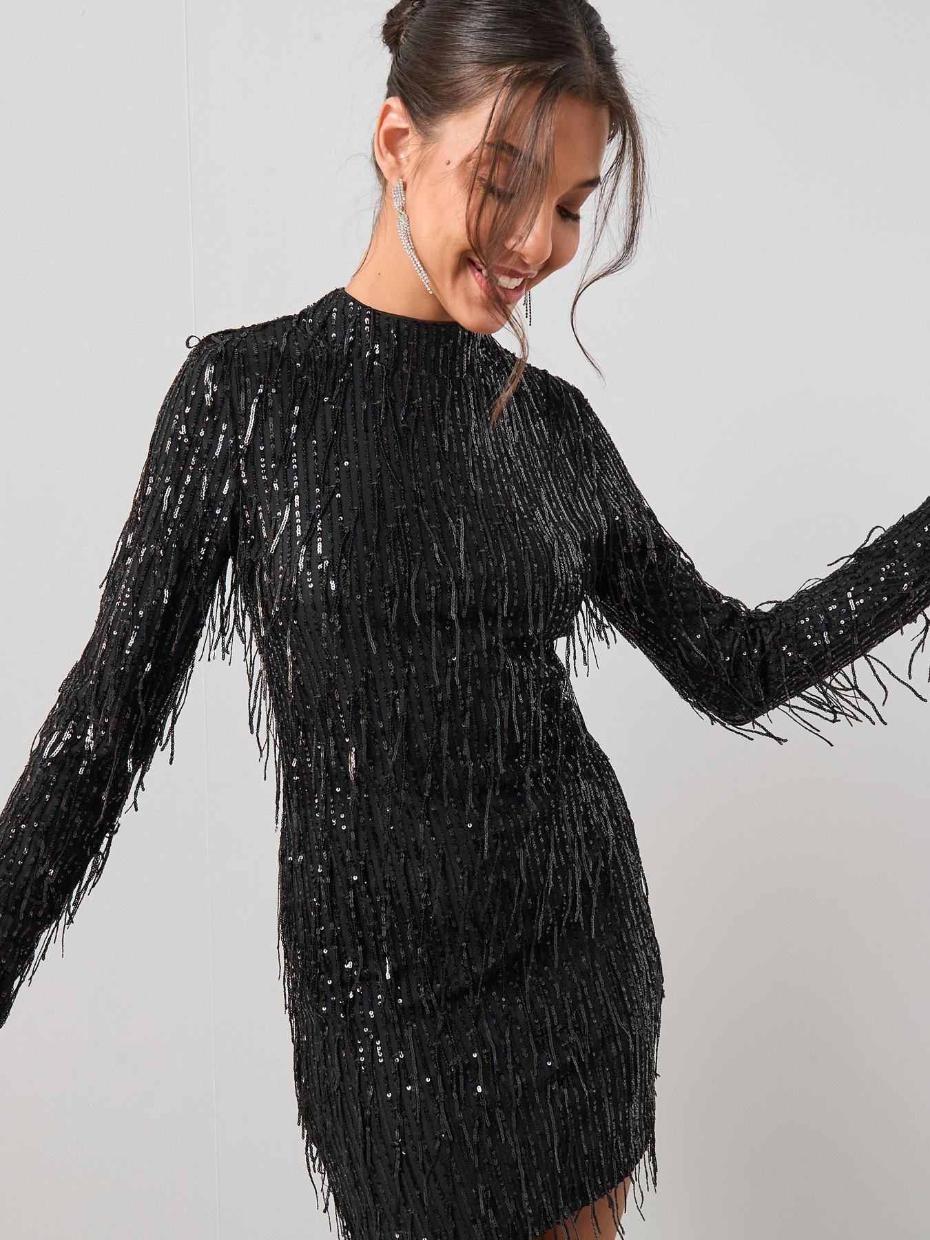 Image 6 of 7 of The Very Collection X Carol Byrne Fringed Sequin Long Sleeve Mini Dress - Black