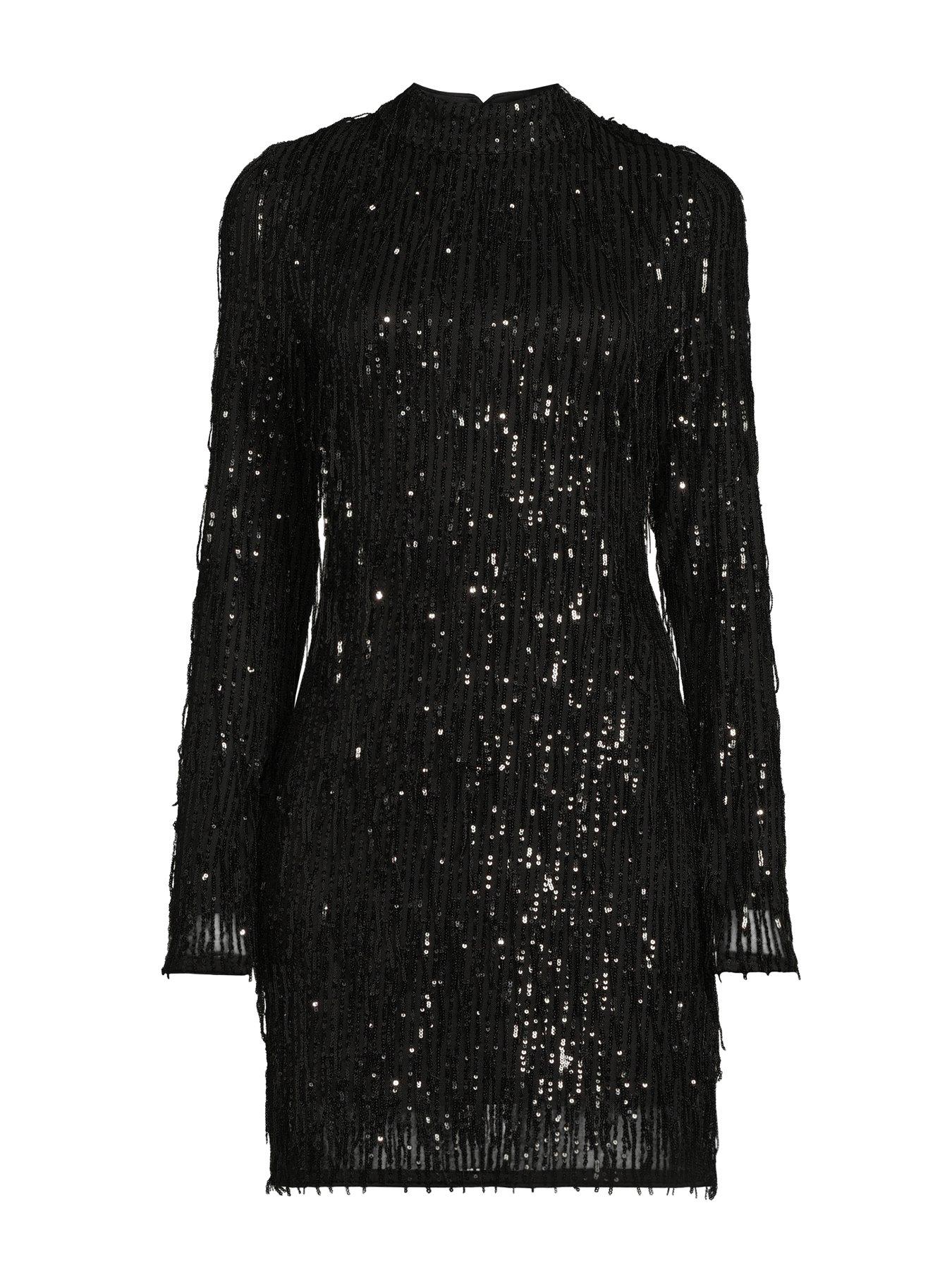Image 7 of 7 of The Very Collection X Carol Byrne Fringed Sequin Long Sleeve Mini Dress - Black