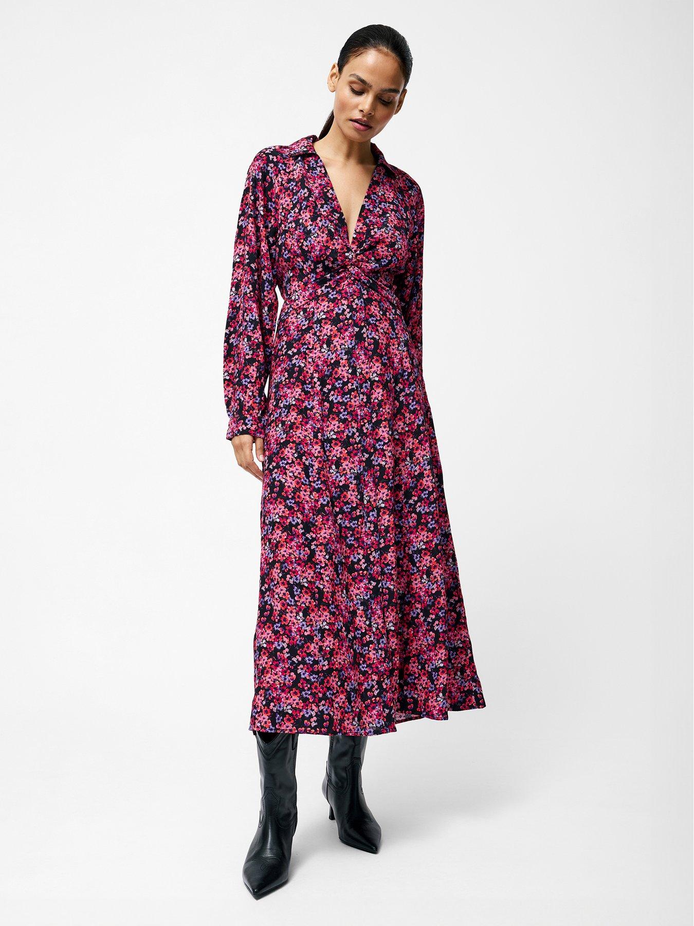 undefined Long Sleeve Floral V-Neck Collar Midi Dress