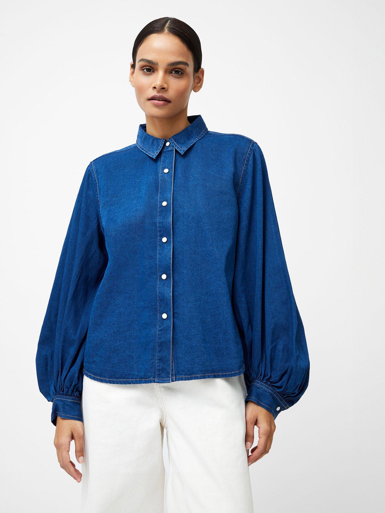 Image 1 of 5 of French Connection Cotton Chambray Balloon Sleeve Relaxed Fit Button Up Shirt