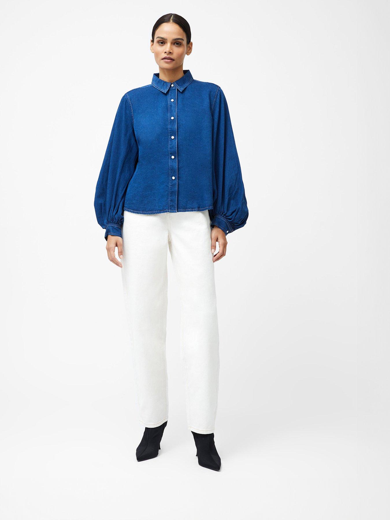 Image 3 of 5 of French Connection Cotton Chambray Balloon Sleeve Relaxed Fit Button Up Shirt