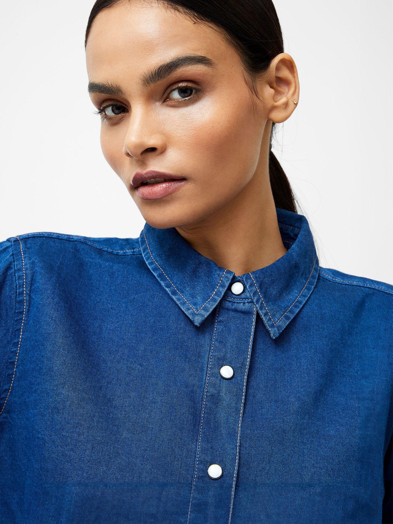 Image 4 of 5 of French Connection Cotton Chambray Balloon Sleeve Relaxed Fit Button Up Shirt