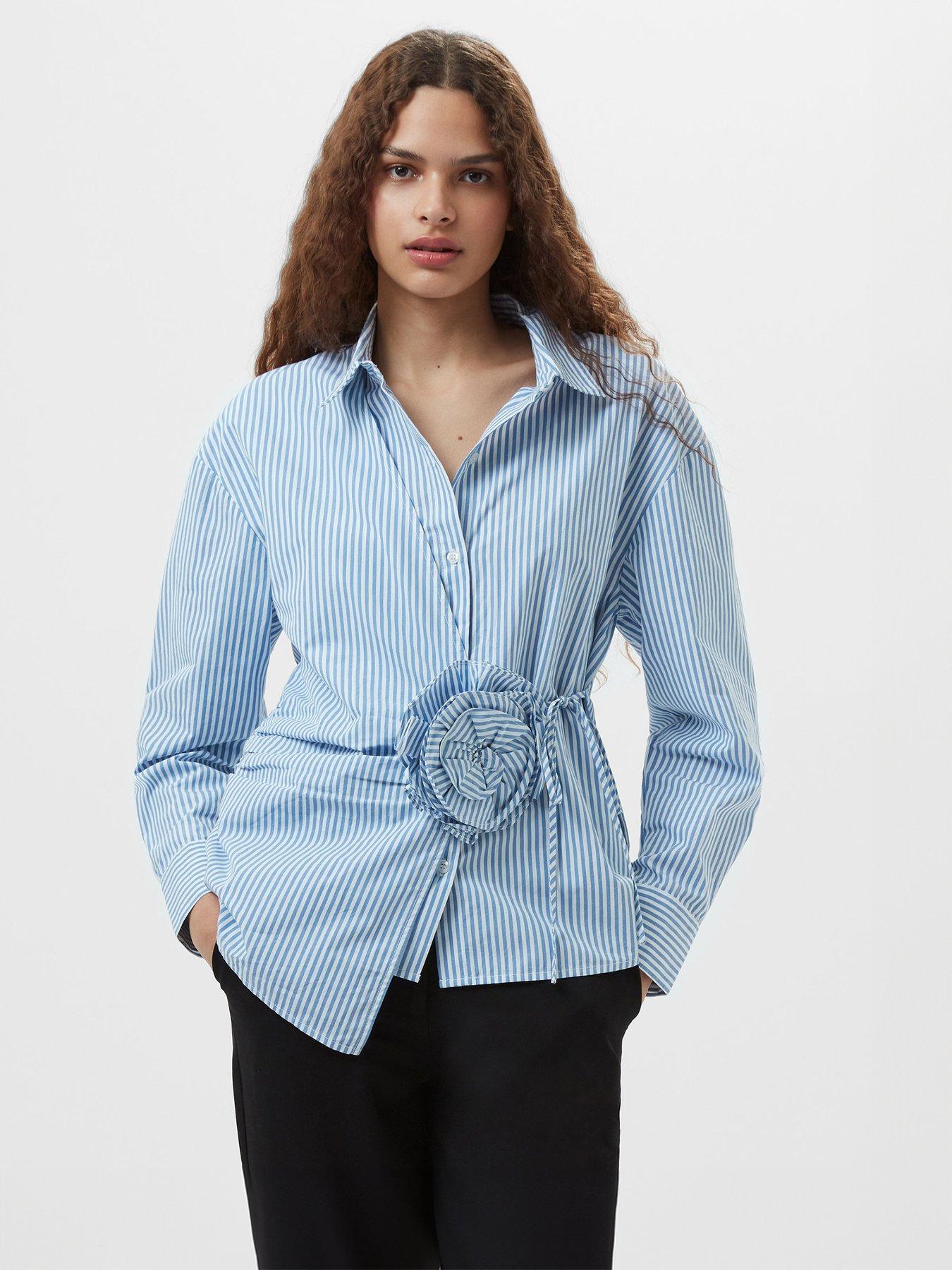 undefined Cotton Striped Button Up Shirt With Floral Design Waist Tie
