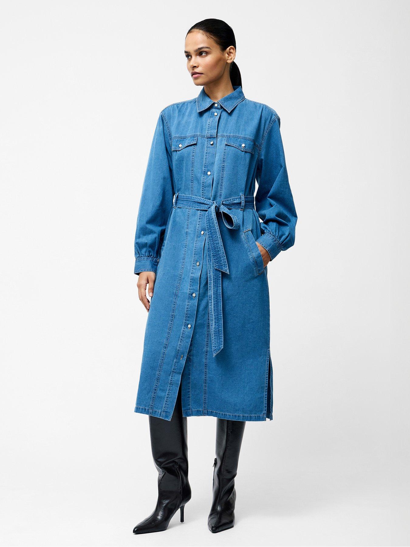 undefined Cotton Long Balloon Sleeve Button Up Self-Tie Denim Midi Dress