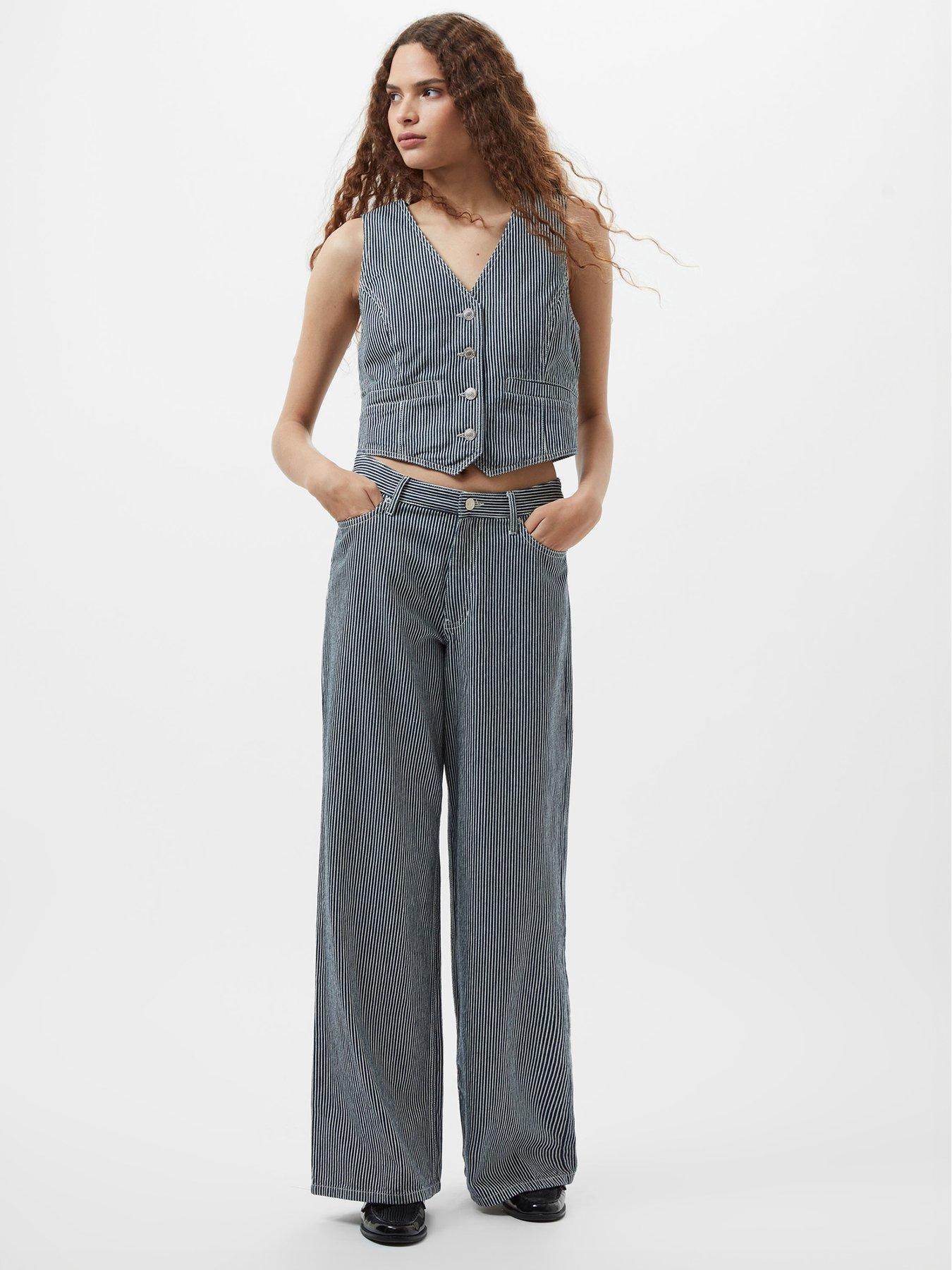 undefined Cotton Blend Striped Wide Leg Denim Jeans