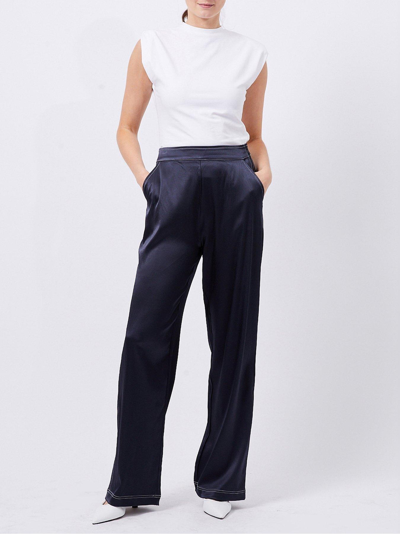 undefined Stretch Satin Straight Leg Trousers With Contrast Stitch - Navy