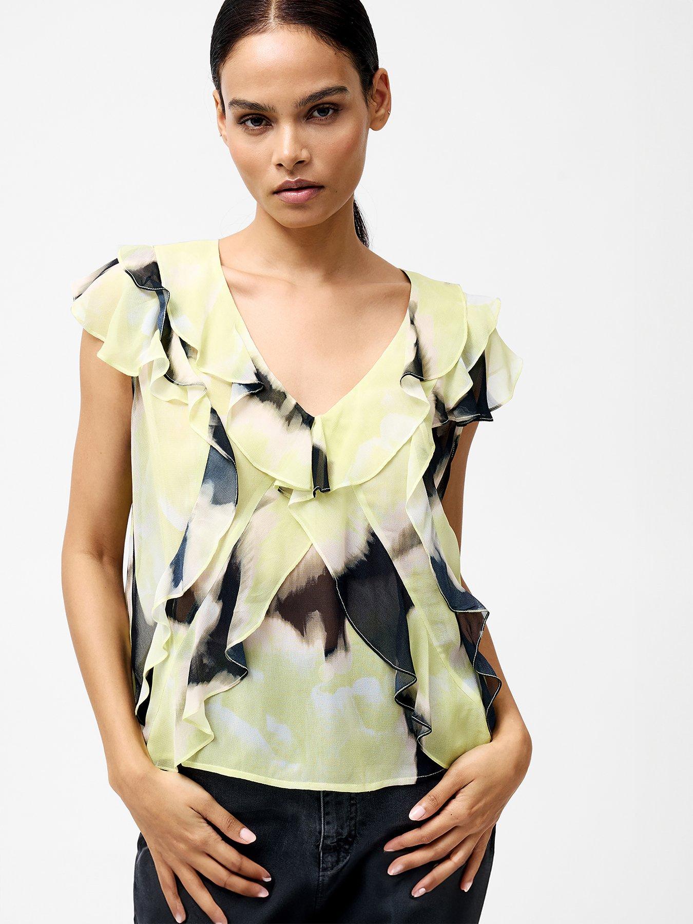 undefined Short Sleeve Chiffon Ruffle Tie Dye Print V-Neck Top