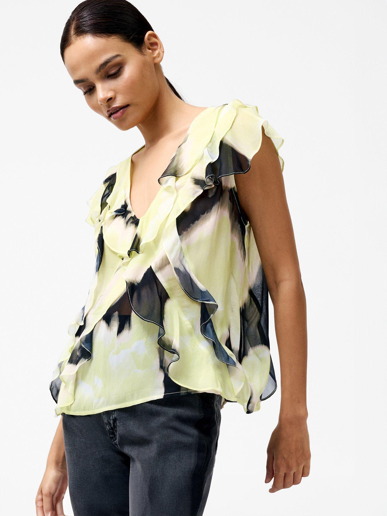 French Connection Short Sleeve Chiffon Ruffle Tie Dye Print V-Neck Top ...