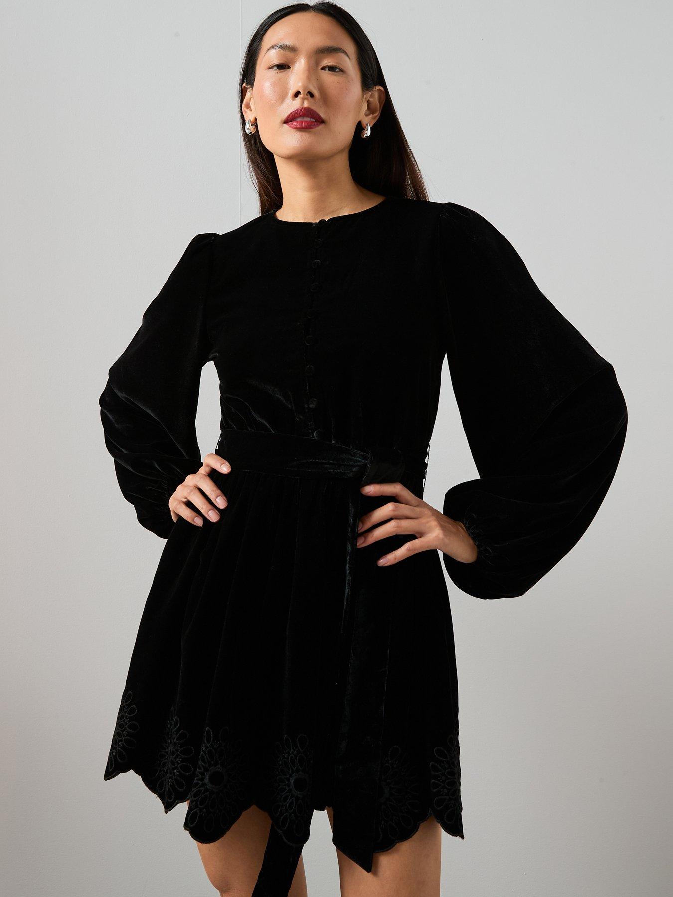 The Very Collection Velvet Tie Waist Cutwork Mini Dress - Black