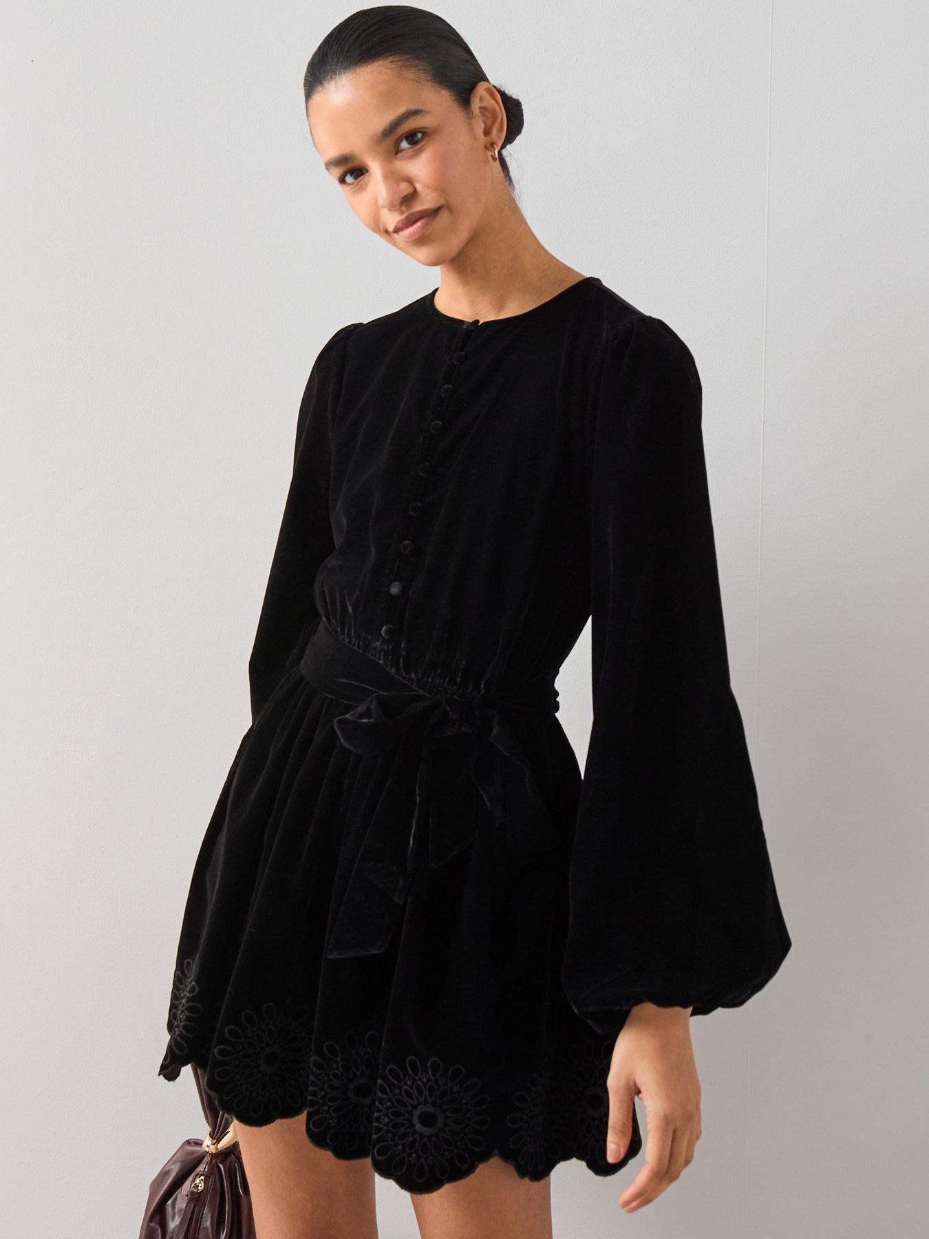 The Very Collection Velvet Tie Waist Cutwork Mini Dress - Black
