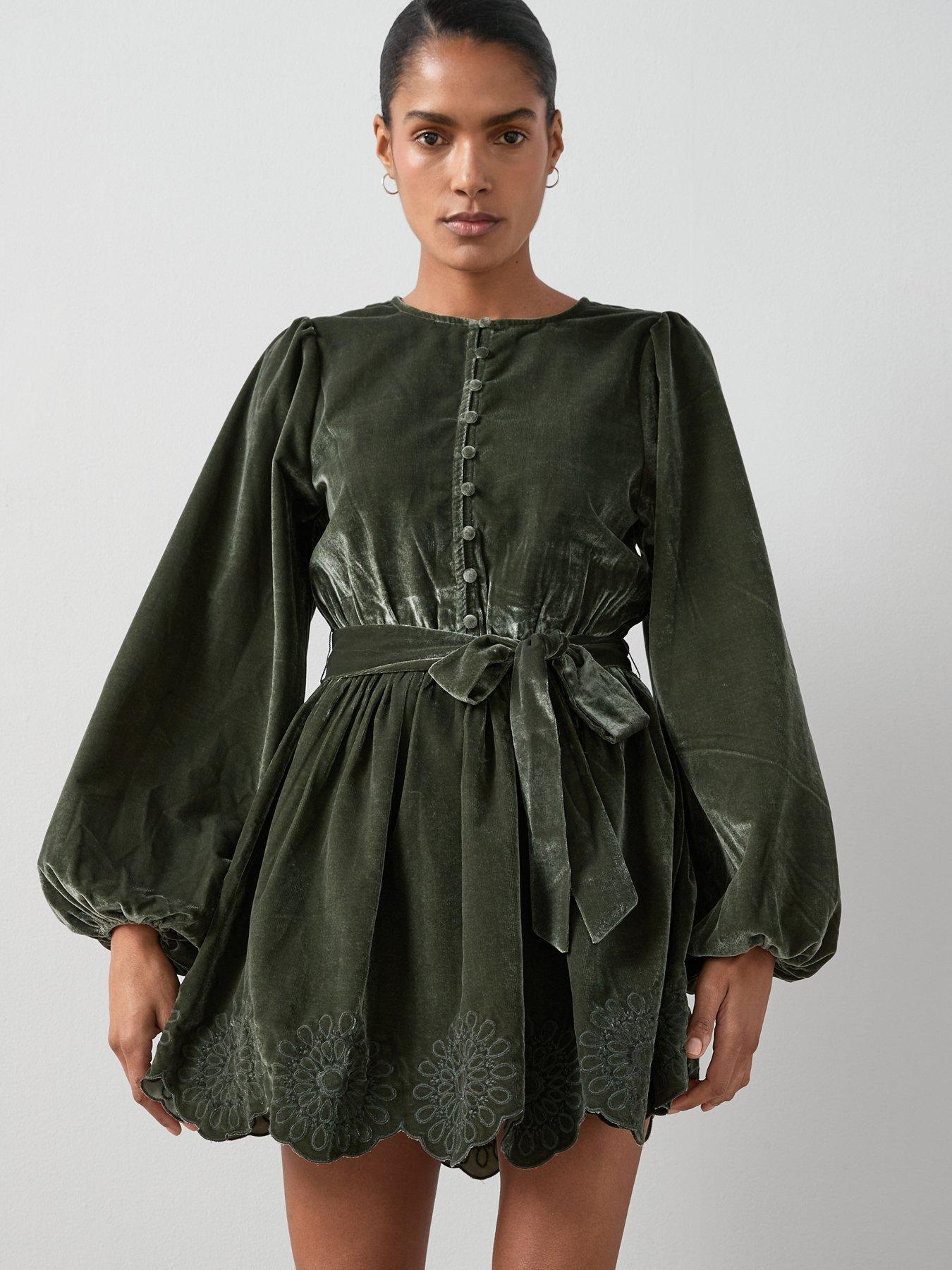 The Very Collection: Velvet Tie Waist Cutwork Mini Dress - Green