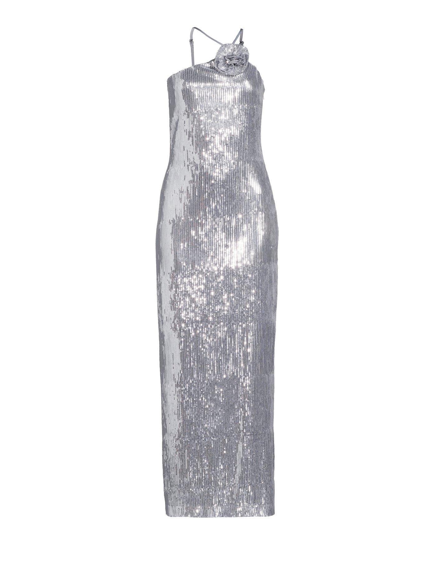 Image 7 of 7 of The Very Collection One Shoulder Sequin Maxi Dress - Silver