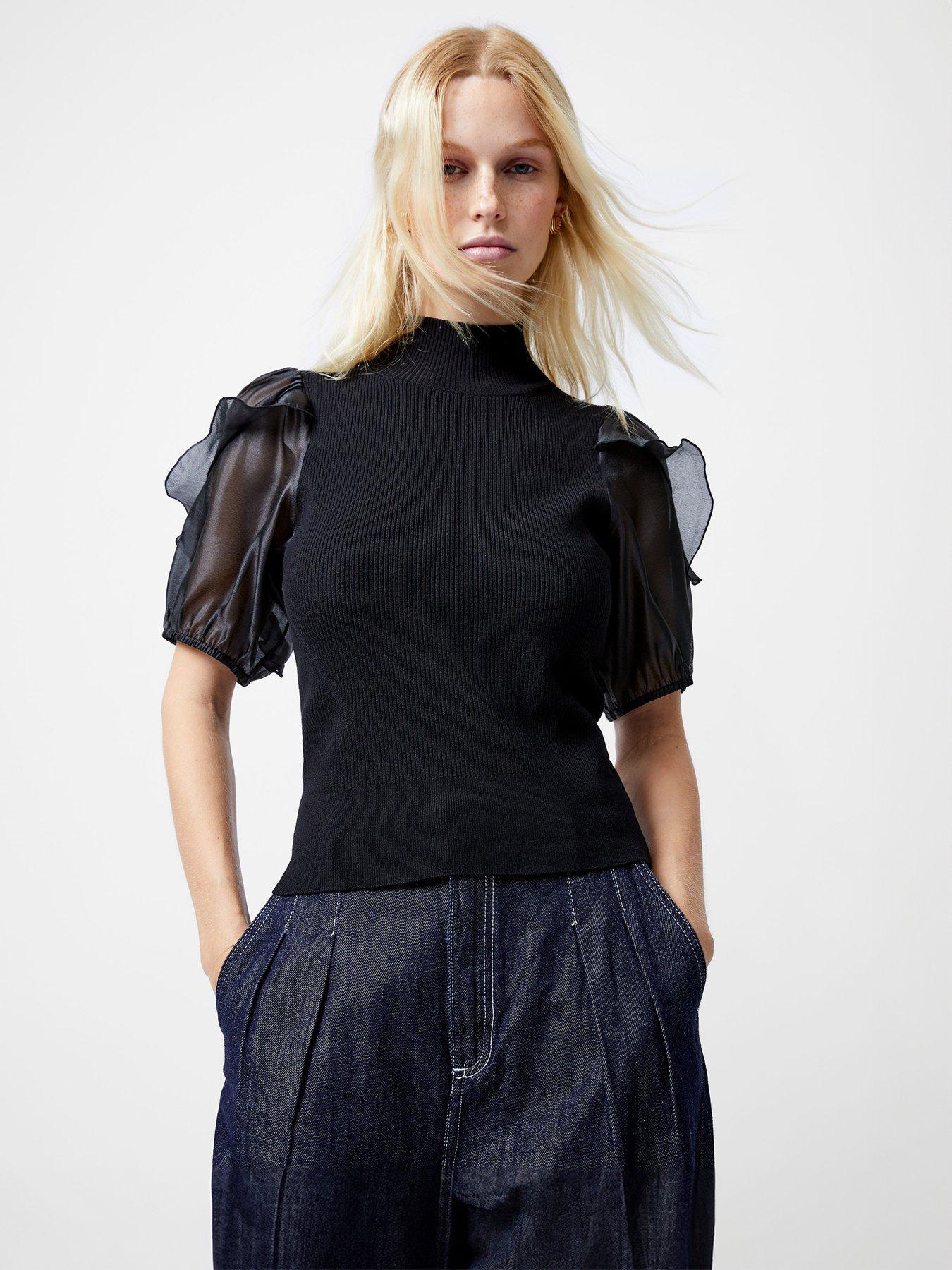 undefined High Neck Short Sleeve Organza Ruffle Sleeve Top