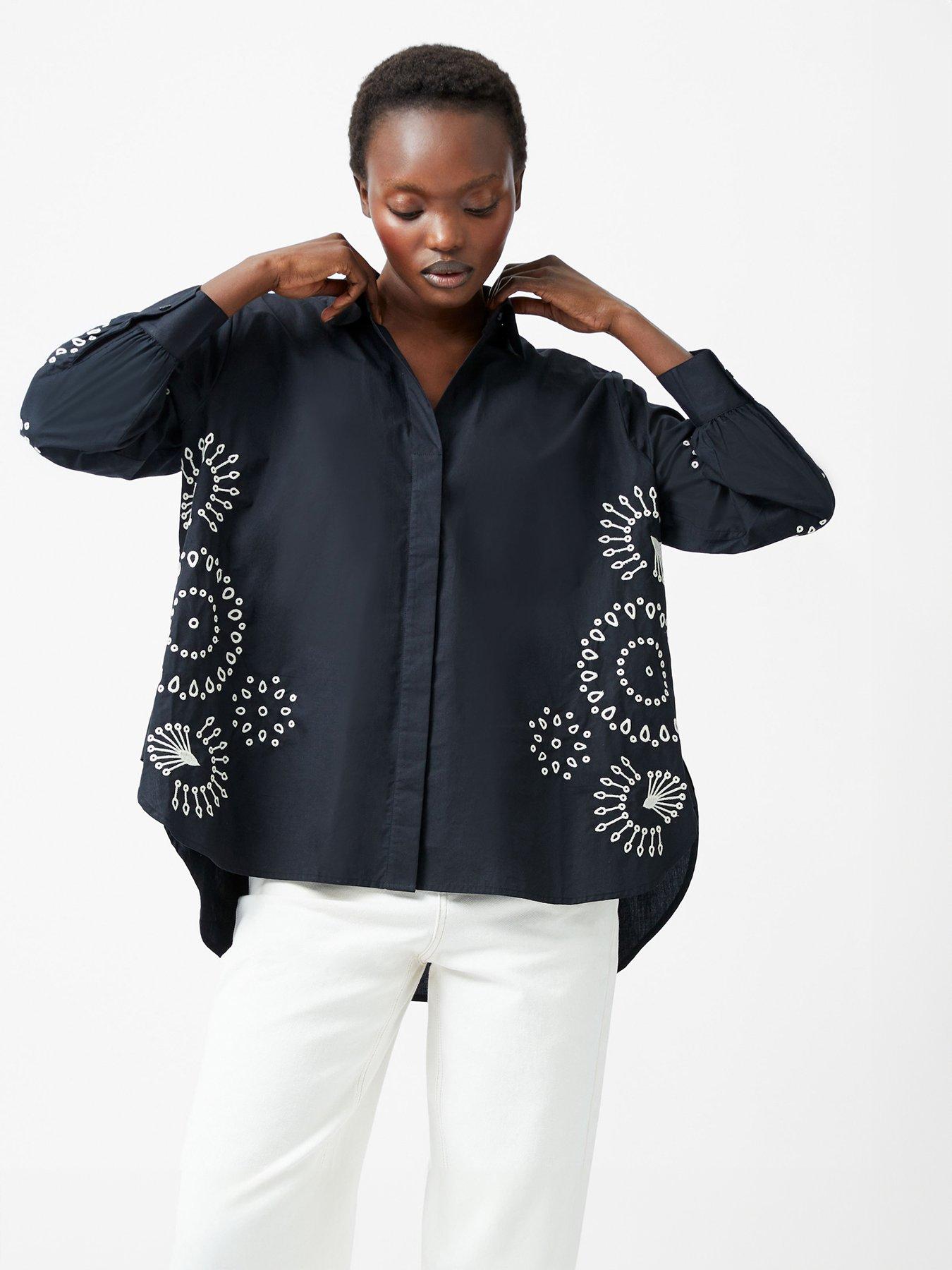 undefined Cotton Oversized High-Low Embroidered Button-Up Shirt