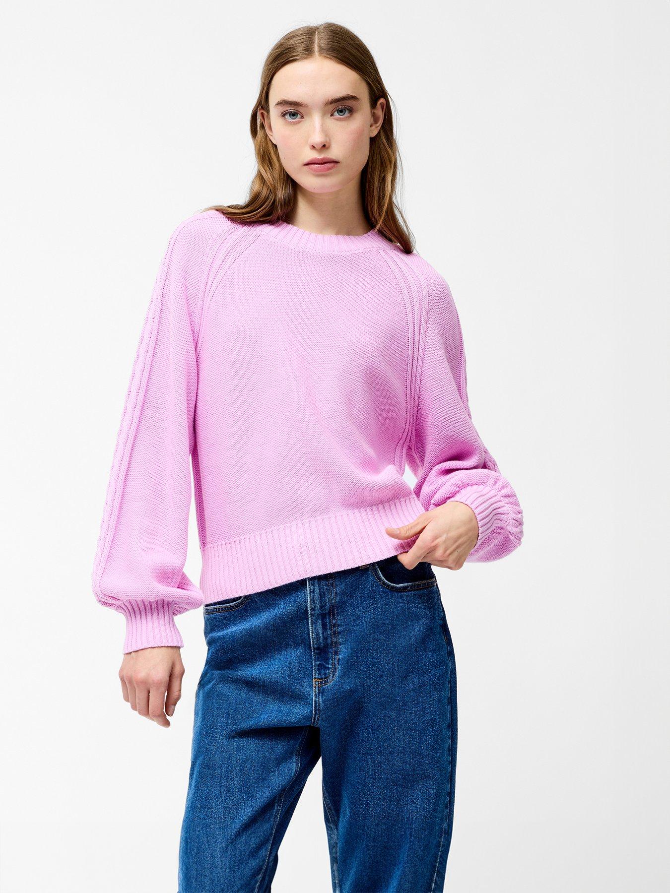 undefined Cable Knit Braided Long Balloon Sleeve Crew Neck Jumper